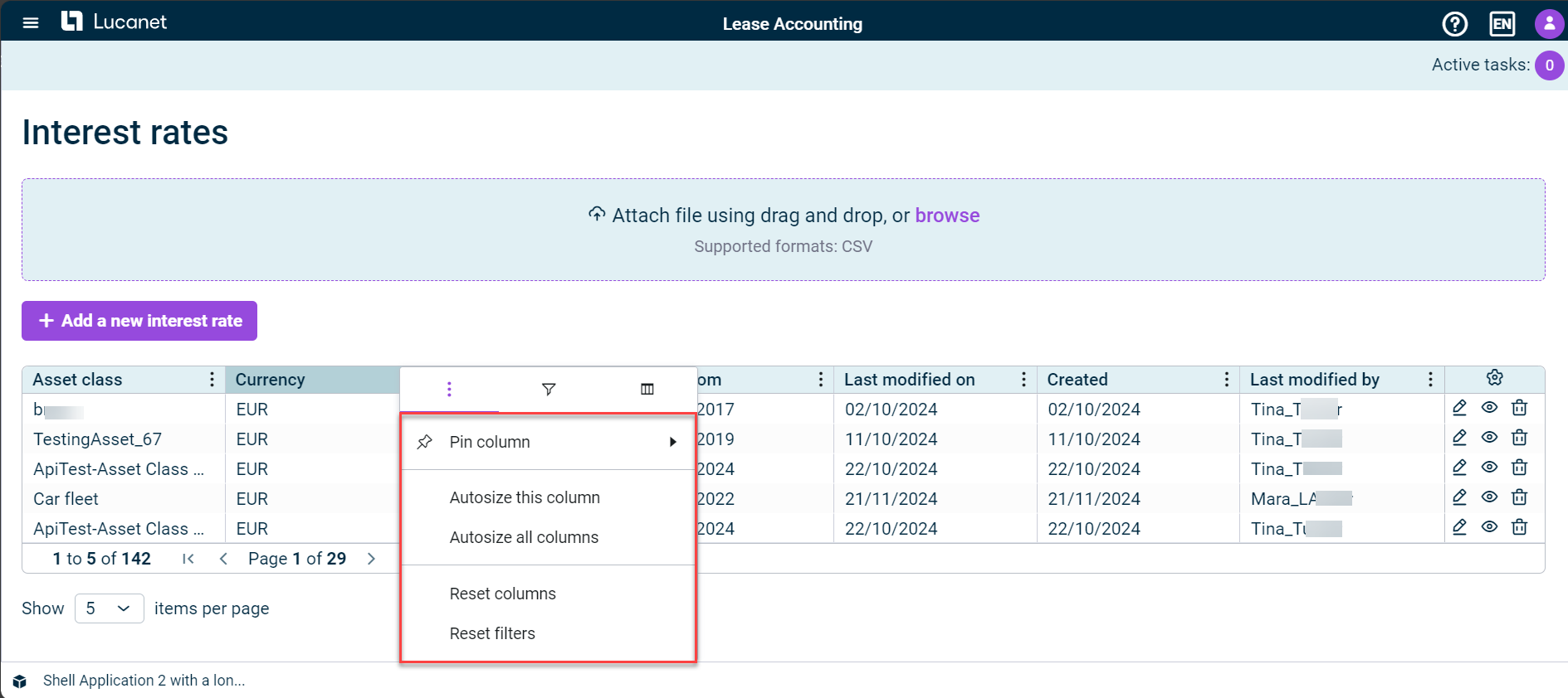 Shows the column menu of the 'Currency' column in the 'Interest rates' workspace in Lucanet Lease Accounting. Highlighted in red are the options 'Pin column', 'Autosize this column', 'Autosize all columns', 'Reset columns', and 'Reset filters'.
