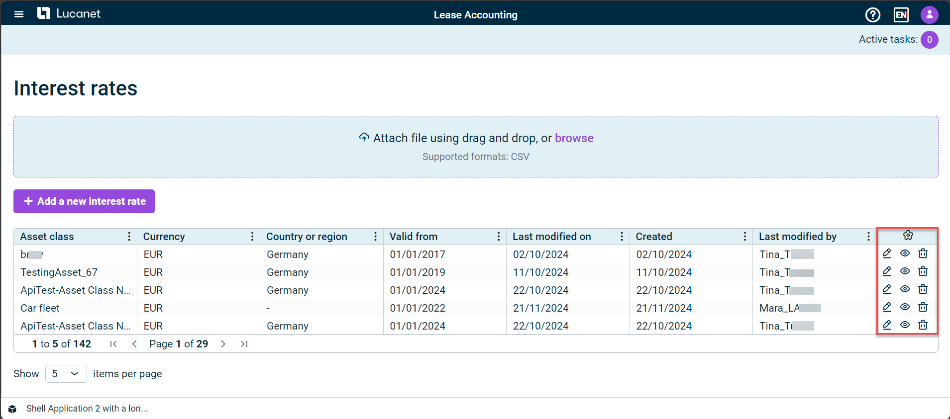 Shows the 'Interest rates' workspace in Lucanet Lease Accounting with a table with the columns 'Asset class', 'Currency', 'Country or region', 'Valid from', 'Last modified on', 'Created', and 'Last modified by'. Highlighted in red is the column with the gear icon, which contains the edit, view, and delete icons for each row.