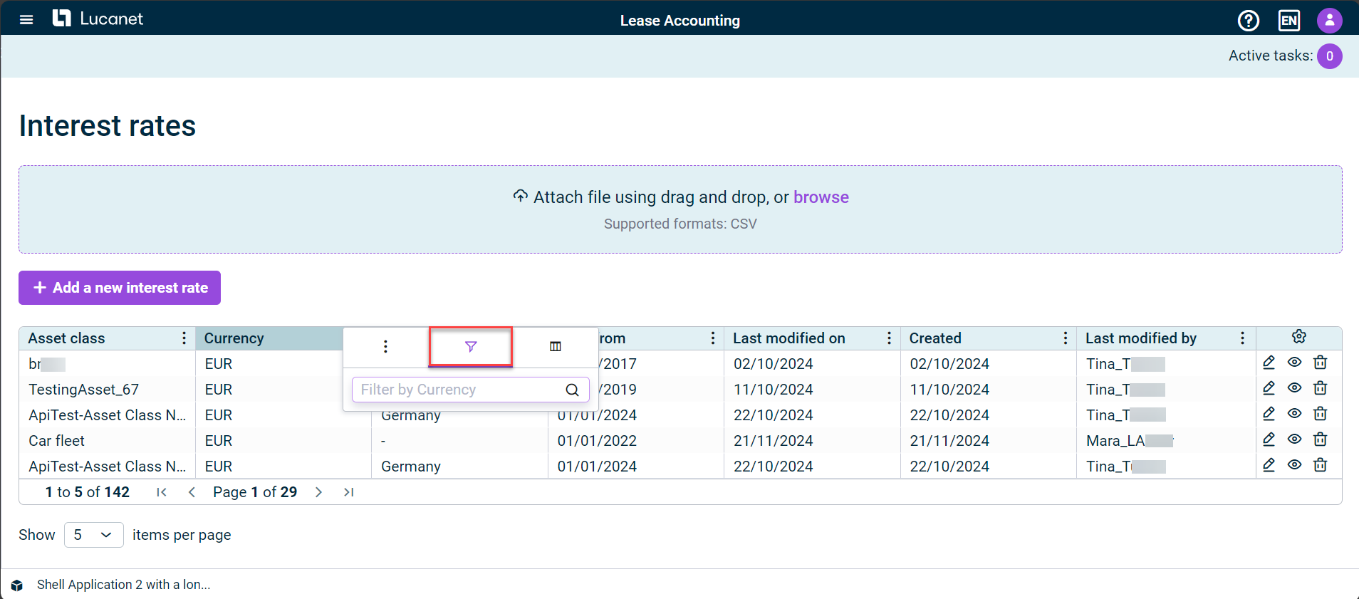 Shows the column menu of the 'Currency' column in the 'Interest rates' workspace in Lucanet Lease Accounting with the 'Filter by Currency' search field. Highlighted in red is the filter icon.