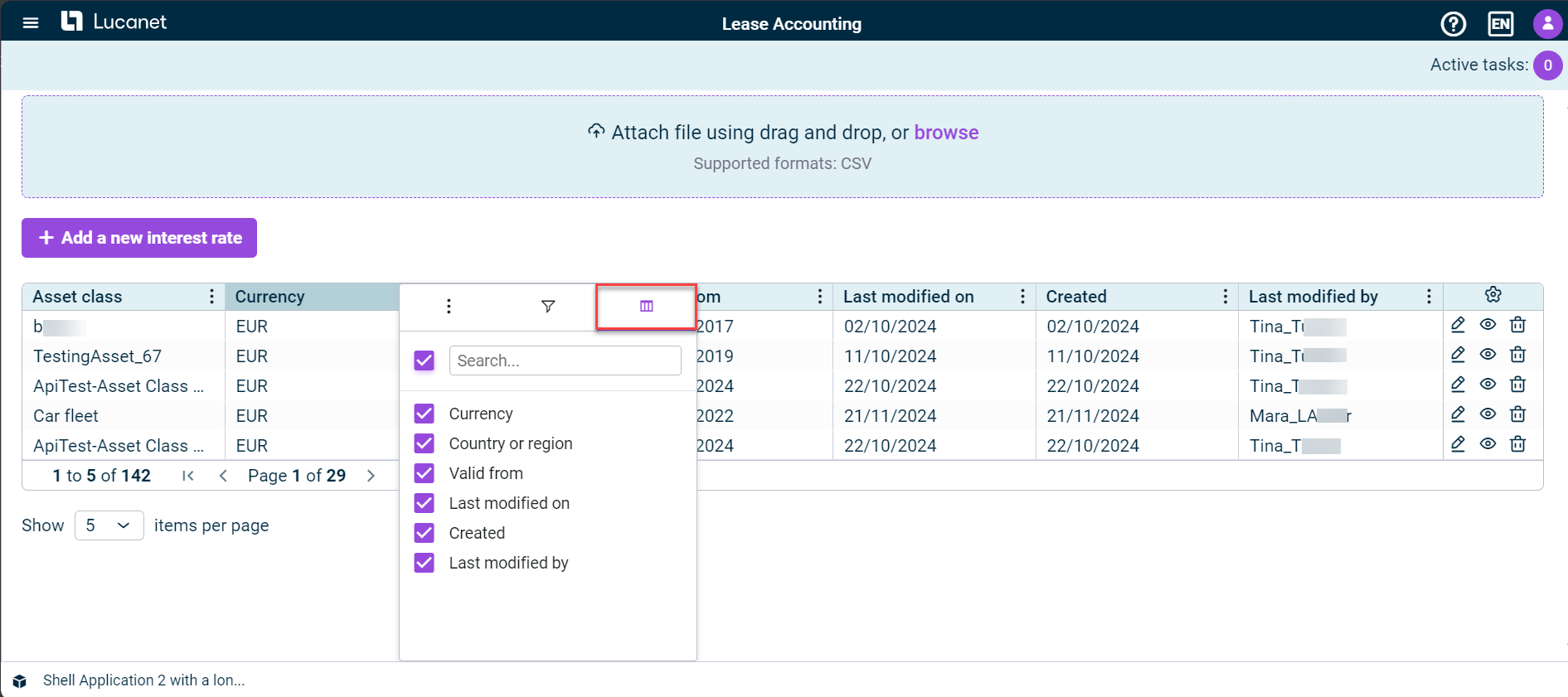 Shows the column menu of the 'Currency' column in the 'Interest rates' workspace in Lucanet Lease Accounting with a 'Search...' field and activated check boxes for the columns 'Currency', 'Country or region', 'Valid from', 'Last modified on', 'Created', and 'Last modified by'. Highlighted in red is the columns icon.