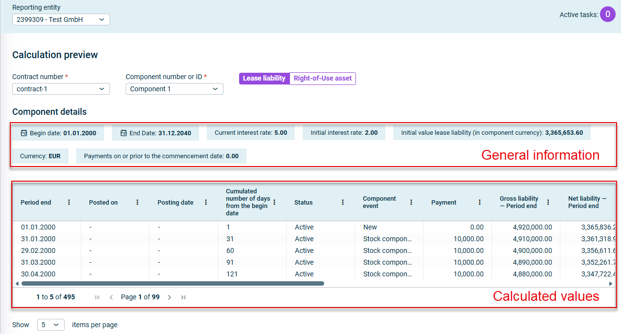 Shows an example of a calculation preview in Lucanet Lease Accounting for 'contract-1' and 'Component 1' with the 'Component details' section, which contains 'Begin date', 'End Date', 'Current interest rate', 'Initial interest rate', 'Initial value lease liability (in component currency)', 'Currency', and 'Payments on or prior to the commencement date', and a table with the columns 'Period end', 'Posted on', 'Posting date', 'Cumulated number of days from the begin date', 'Status', 'Component event', 'Payment', 'Gross liability — Period end', and 'Net liability — Period end'. Highlighted in red are the component details, labeled 'General information', and the table, labeled 'Calculated values'.