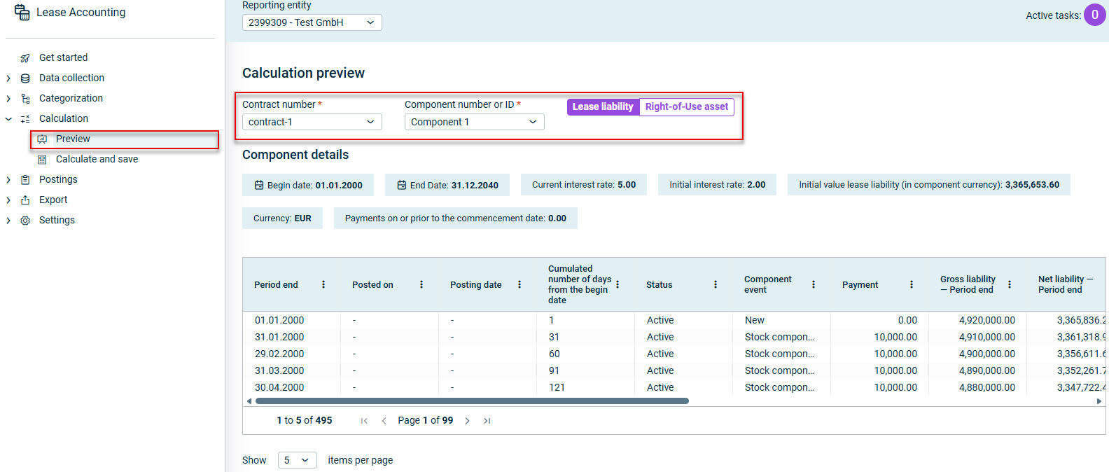 Shows the 'Calculation preview' workspace in Lucanet Lease Accounting with the 'Contract number' drop-down list set to 'contract-1', the 'Component number or ID' drop-down list set to 'Component 1', the 'Lease liability' and 'Right-of-Use asset' buttons, the 'Component details' section, and a table of calculated values. Highlighted in red are the 'Preview' item in the 'Calculation' navigation folder and the selection fields and buttons at the top of the workspace.