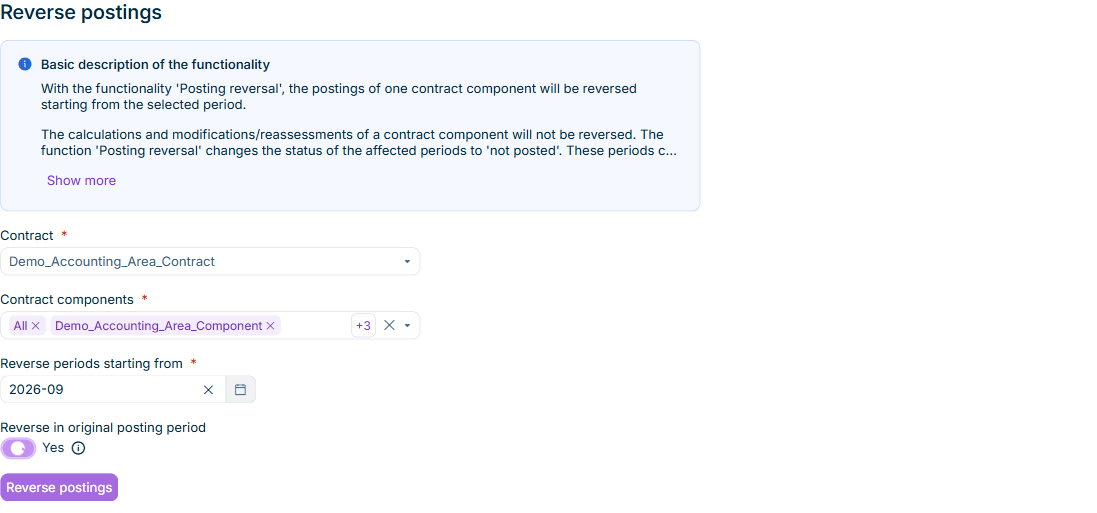 Displays the 'Reverse postings' workspace in Lucanet Lease Accounting with all components of one contract selected and 'Reverse in original posting period' activated. The 'Reversal posting date' field is hidden.