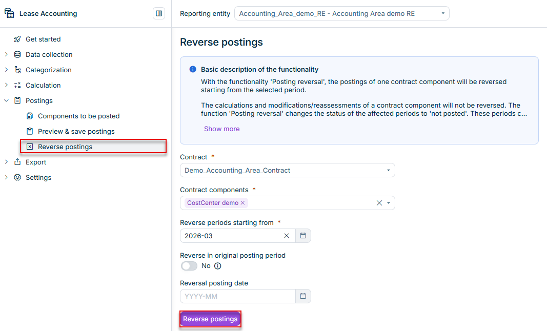 Shows the 'Reverse postings' workspace in Lucanet Lease Accounting with the 'Basic description of the functionality' info box, the 'Contract' drop-down list with 'Demo_Accounting_Area_Contract', the 'Contract components' drop-down list with 'CostCenter demo' selected, the 'Reverse periods starting from' field set to '2026-03', the 'Reverse in original posting period' toggle set to 'No', the 'Reversal posting date' field with the placeholder 'YYYY-MM', and the 'Reverse postings' button. Highlighted in red are the 'Reverse postings' item in the 'Postings' navigation and the 'Reverse postings' button.
