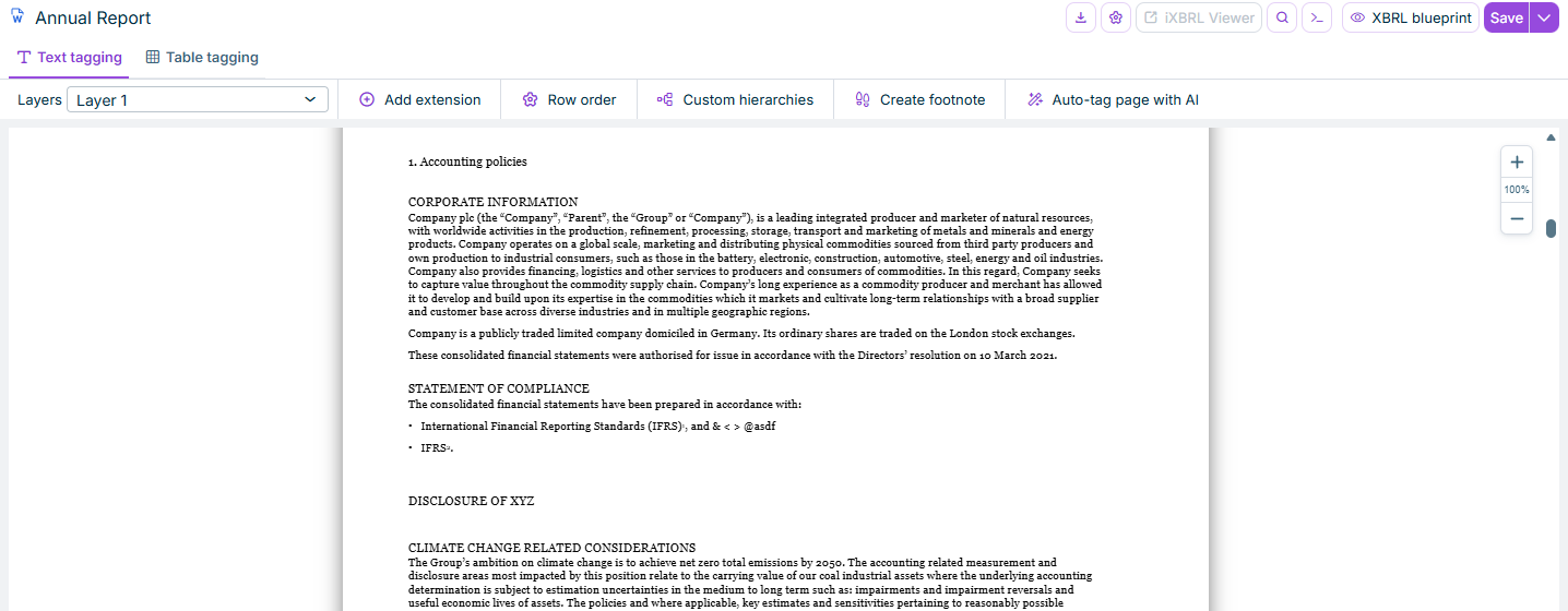 Shows the 'Text tagging' tab and the 'Auto-tag page with AI' button above an English annual report in Lucanet XBRL Tagger.