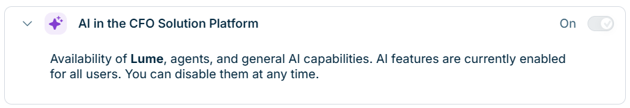 Shows the 'AI in the CFO Solution Platform' card with the status 'On' and the switch for the AI features.