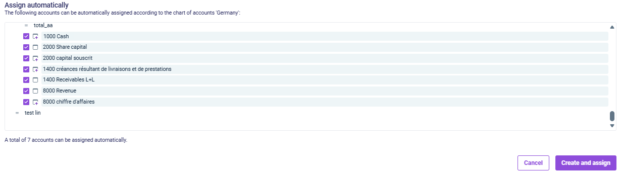Shows the dialog 'Assign automatically' with the accounts that can be assigned displayed with a purple checkbox.
