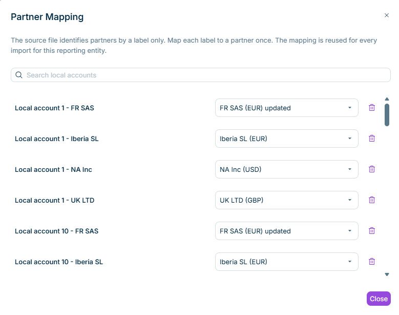Shows the 'Partner Mapping' dialog in Lucanet Data Collection with the 'Search local accounts' field and a list of local accounts. Each local account has the assigned partner in a drop-down list and a delete icon. At the bottom is the 'Close' button.