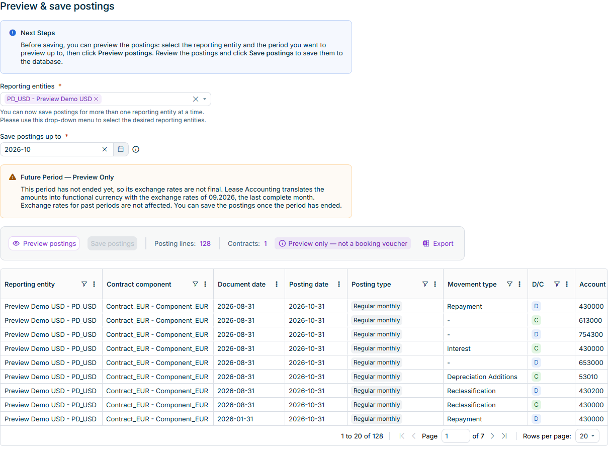 Displays the 'Preview and save postings' workspace in Lucanet Lease Accounting with the current month entered under 'Preview or save postings up to', the 'Future Period — Preview Only' message, the disabled 'Save postings' button, and the preview table with the pending postings.
