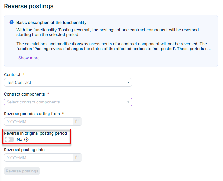 Displays the 'Reverse postings' workspace in Lucanet Lease Accounting with the 'Contract' and 'Contract components' drop-down lists, the 'Reverse periods starting from' field, the highlighted 'Reverse in original posting period' option, and the 'Reversal posting date' field.