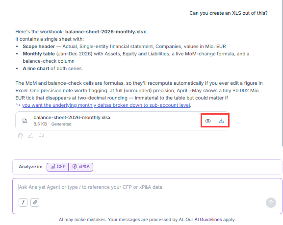 Shows a chat in Lucanet Lume where the Analyst Agent has generated the Excel file 'balance-sheet-2026-monthly.xlsx' (8.5 KB, 'Generated'). The file card in the chat shows a preview icon and a download icon. Highlighted in red are the preview and download icons on the file card.