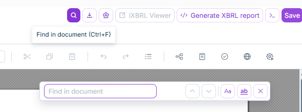Shows a section of the toolbar in XBRL Tagger with the magnifier icon, the tooltip 'Find in document (Ctrl+F)', and the open, empty find bar with the 'Find in document' field.