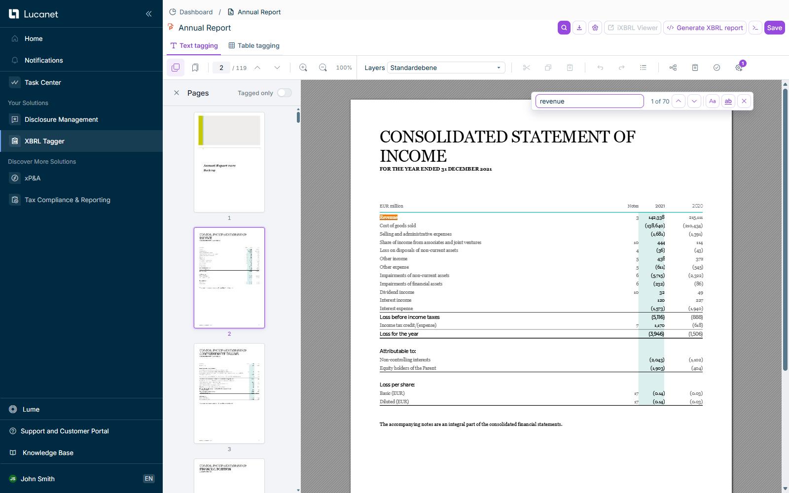 Shows text search in the PDF document 'Annual Report' in XBRL Tagger with the search term 'revenue', the match counter '1 of 70', and the second document page. The match 'Revenue' in a table is highlighted in orange.
