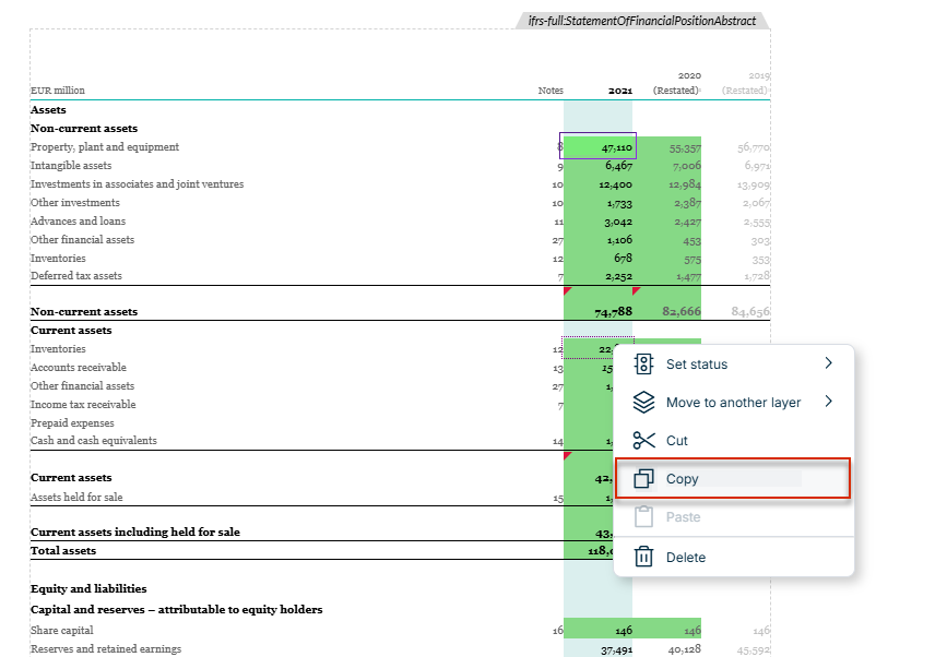 Shows the context menu of a tagged cell in the table 'ifrs-full:StatementOfFinancialPositionAbstract' with the options 'Set status', 'Move to another layer', 'Cut', 'Copy', 'Paste', and 'Delete' in Lucanet XBRL Tagger. Highlighted in red is the 'Copy' option.