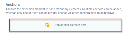 Shows the 'Anchors' section with its description text and the field 'Drop anchor element here' in Lucanet XBRL Tagger. Highlighted in red is the 'Drop anchor element here' field.