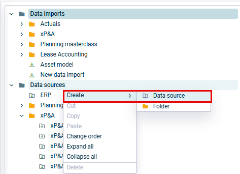 Shows the tree view of the 'Importing data into reporting entities' workspace with the 'Data sources' folder's right-click context menu open. Highlighted in red is the 'Data source' option under 'Create'.