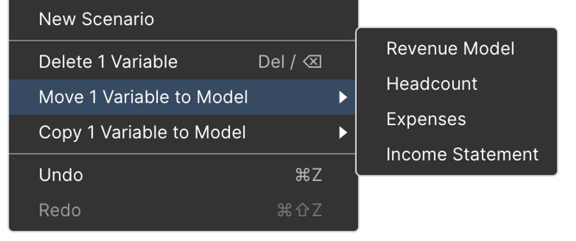 Shows the right-click context menu of a variable in xP&A, with the option to move the variable to another model, listing the destination models 'Revenue Model', 'Headcount', 'Expenses', and 'Income Statement'.