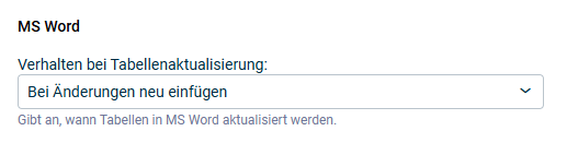 Dialog 'MS Word' mit den Einstellungen für MS-Word-Dokumente