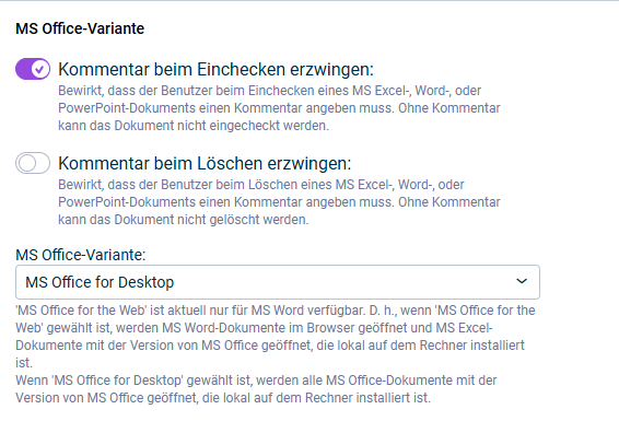 Dialog 'MS Office' mit den Einstellungen für MS Office-Dokumente