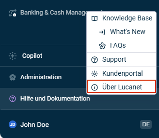 Zeigt das Kontextmenu des Bereichs 'Hilfe' im Hauptmenü an. Die Option 'Über Lucanet' ist rot umrandet.