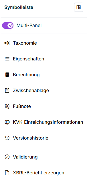 Die Symbolleiste im Arbeitsbereich 'XBRL-Dokument'