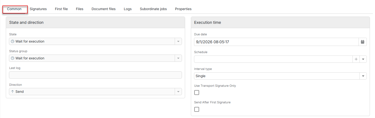 The tabs of the detail view of a job with the open Common tab are displayed.