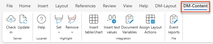 Displays the 'DM-Content' tab of the Word ribbon in MS Office for the Web with the 'Server', 'Lucanet', 'Highlight', 'Verknüpfung', and 'Datei' areas.