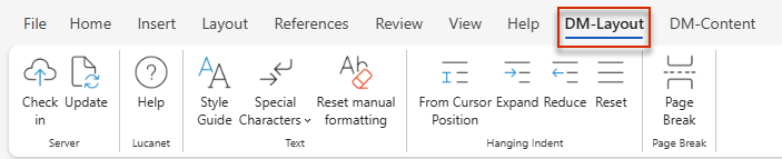 Displays the 'DM-Layout' tab of the Word ribbon in MS Office for the Web with the 'Server', 'Lucanet', 'Text', 'Hanging Indent', and 'Seitenumbruch' areas.