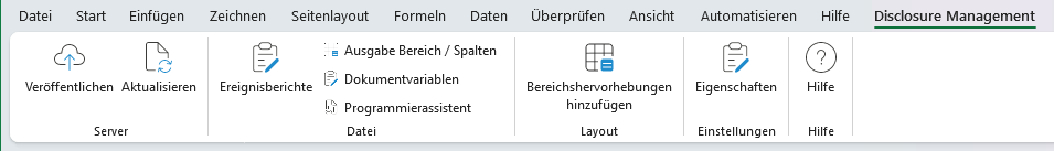 Displays the Excel ribbon for Disclosure Management in MS Office Native with the 'Server', 'Datei', 'Layout', 'Einstellungen', and 'Hilfe' areas.