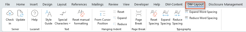 Displays the 'DM-Layout' tab of the Word ribbon in MS Office Native with the 'Server', 'Lucanet', 'Text', 'Hanging Indent', 'Page Break', and 'Typografie' areas.