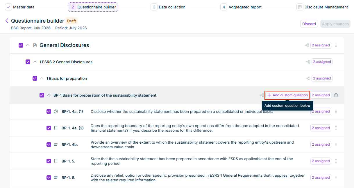 The Questionnaire Builder is displayed. The 'Add custom question' button is highlighted.