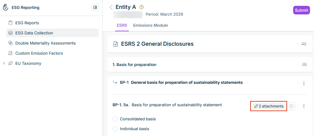 A questionnaire answer with two files attached. The '2 attachments' indicator on the answer row shows that documents are attached.