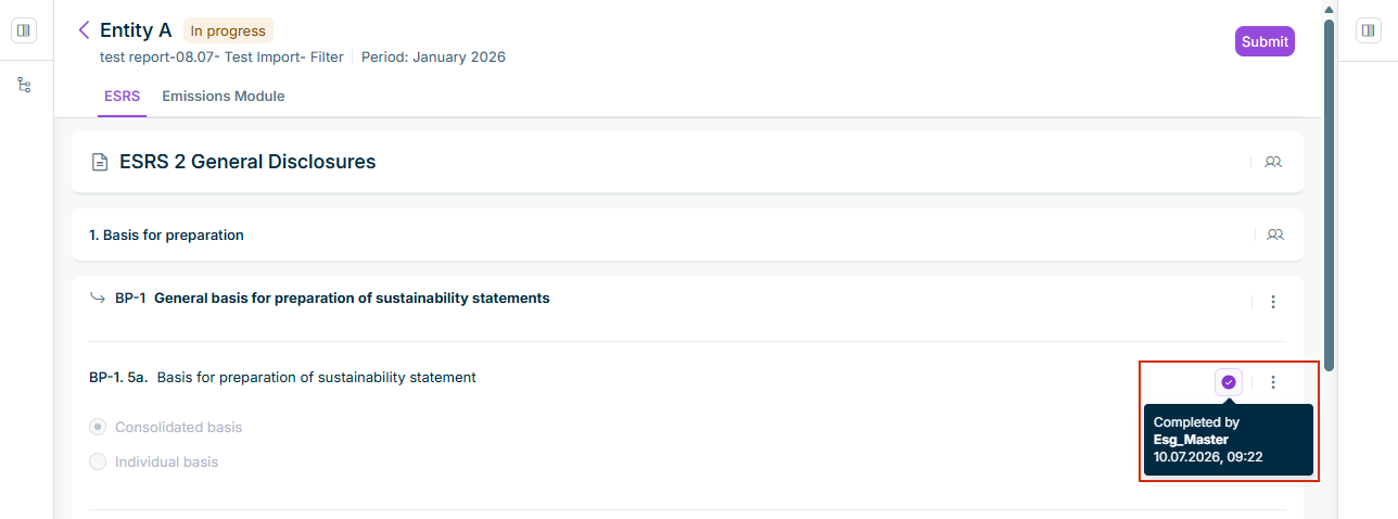 A questionnaire answer marked as completed. Hovering over the Completed icon shows a tooltip with the user name, date, and time.