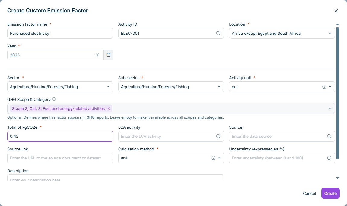 The Create Custom Emission Factor dialog is displayed. The new GHG Scope & Category field shows a selected scope and category.