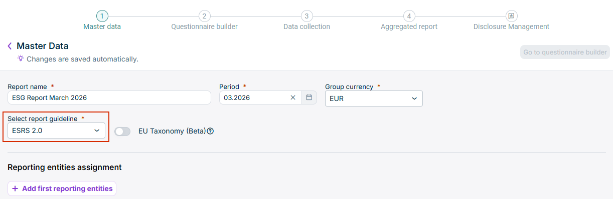 The master data page of an ESG report is displayed. The option to select a report guideline is highlighted in red.