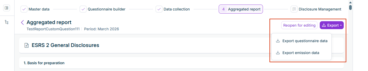 The aggregated report page is displayed. The Export menu is open, showing the Export Emission Data option alongside Export Questionnaire Data.