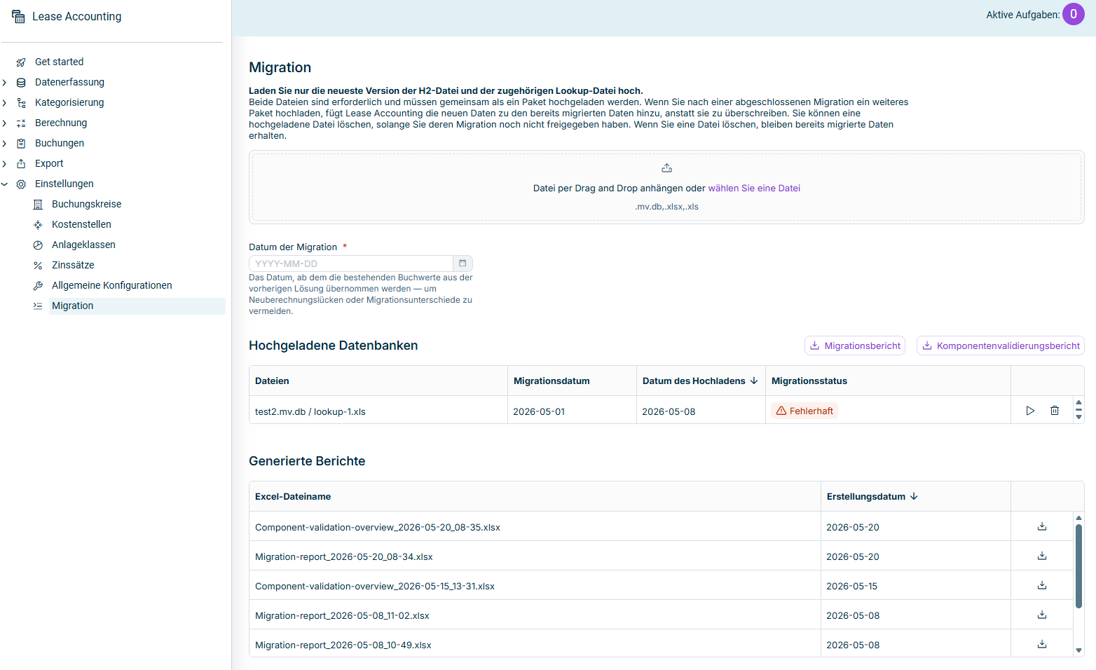 Der Arbeitsbereich 'Migration' wird angezeigt.