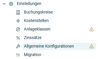 Neben den Bereichen, die noch eingerichtet werden müssen, erscheint ein Warnsymbol.