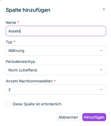 Der Dialog 'Spalte hinzufügen' wird angezeigt