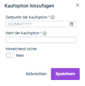 Zeigt die Eingabefelder für die Konfiguration einer Kaufoption für eine Leasingkomponente.