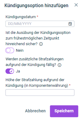 Zeigt die Eingabefelder für die Konfiguration einer Kündigungsoption für eine Leasingkomponente.