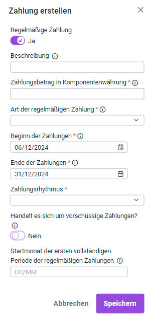 Zeigt die Eingabefelder für die Konfiguration einer regelmäßigen Zahlung einer Leasingkomponente.