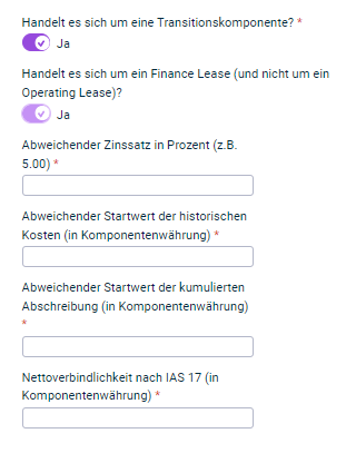 Zeigt die Eingabefelder für die Konfiguration eines Finance Lease, die eingeblendet werden, wenn man auf dem Reiter 'Übergang' die Optionen für Finance Lease aktiviert