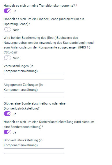 Zeigt die Eingabefelder für die Konfiguration eines Operating Lease, die eingeblendet werden, wenn man auf dem Reiter die Optionen für Operating Lease und Drohverlustrückstellung aktiviert