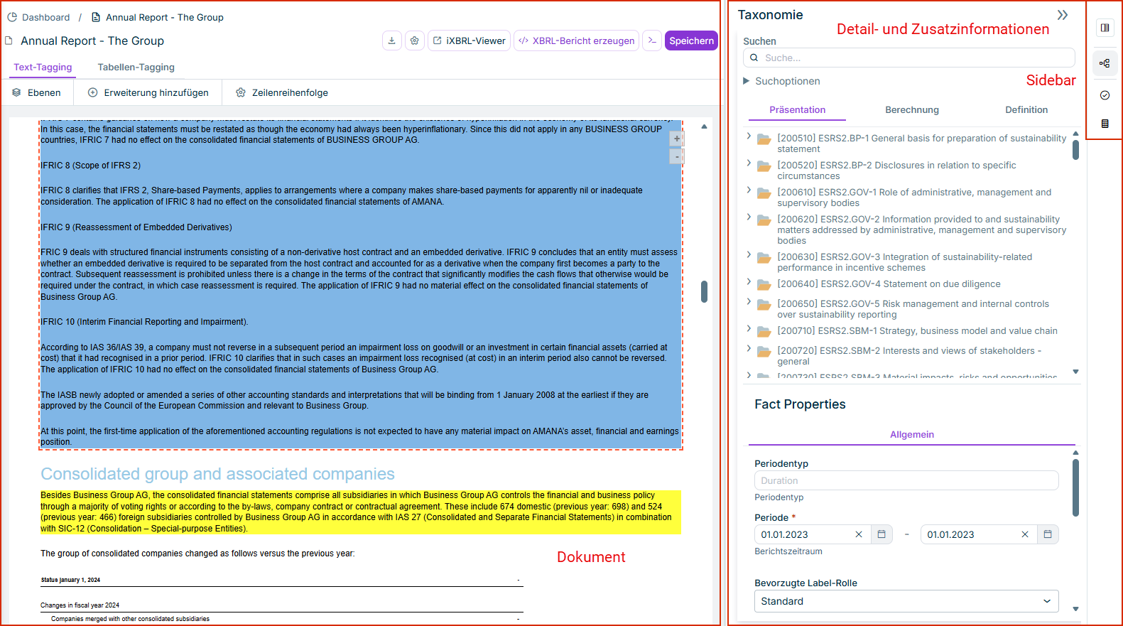 Zeigt den Arbeitsbereich 'XBRL-Dokument'. Die Überschriften der drei Hauptbereiche 'Tagging', 'Eigenschaften' und Taxonomie sind rot umrandet