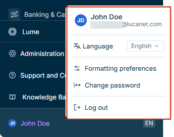 User Account area at the bottom of the main menu with the Account Menu open, showing user name, e-mail address, language selector, formatting preferences, change password, and log out options