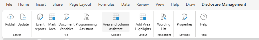 Displays the Excel ribbon for Disclosure Management in MS Office for the Web with the 'Server', 'File', 'Layout', 'Settings', and 'Help' areas.