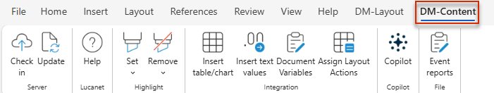 Displays the 'DM-Content' tab of the Word ribbon in MS Office for the Web with the 'Server', 'Lucanet', 'Highlight', 'Integration', 'Copilot', and 'File' areas.