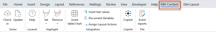 Displays the 'DM-Content' tab of the Word ribbon in MS Office Native with the 'Server', 'Lucanet', 'Highlight', 'Integration', 'Copilot', and 'File' areas.