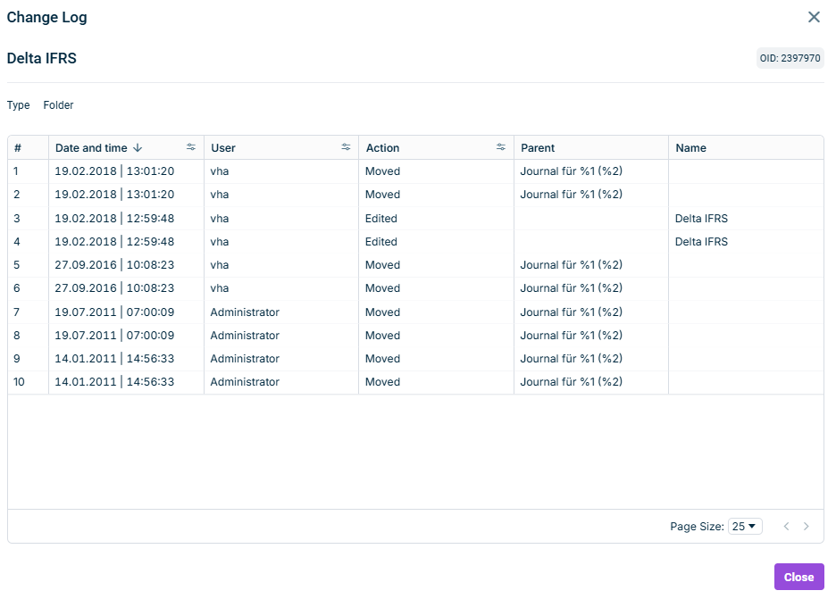 This is the Change Log overview window.